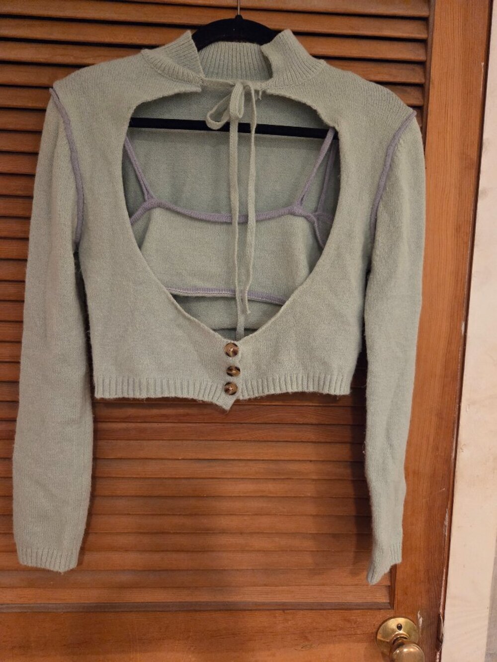 Mint green two-piece sweater set with lilac trim
